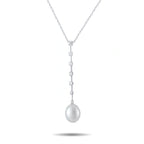 18K white gold diamond and pearl drop necklace with vertical diamond row and pearl
