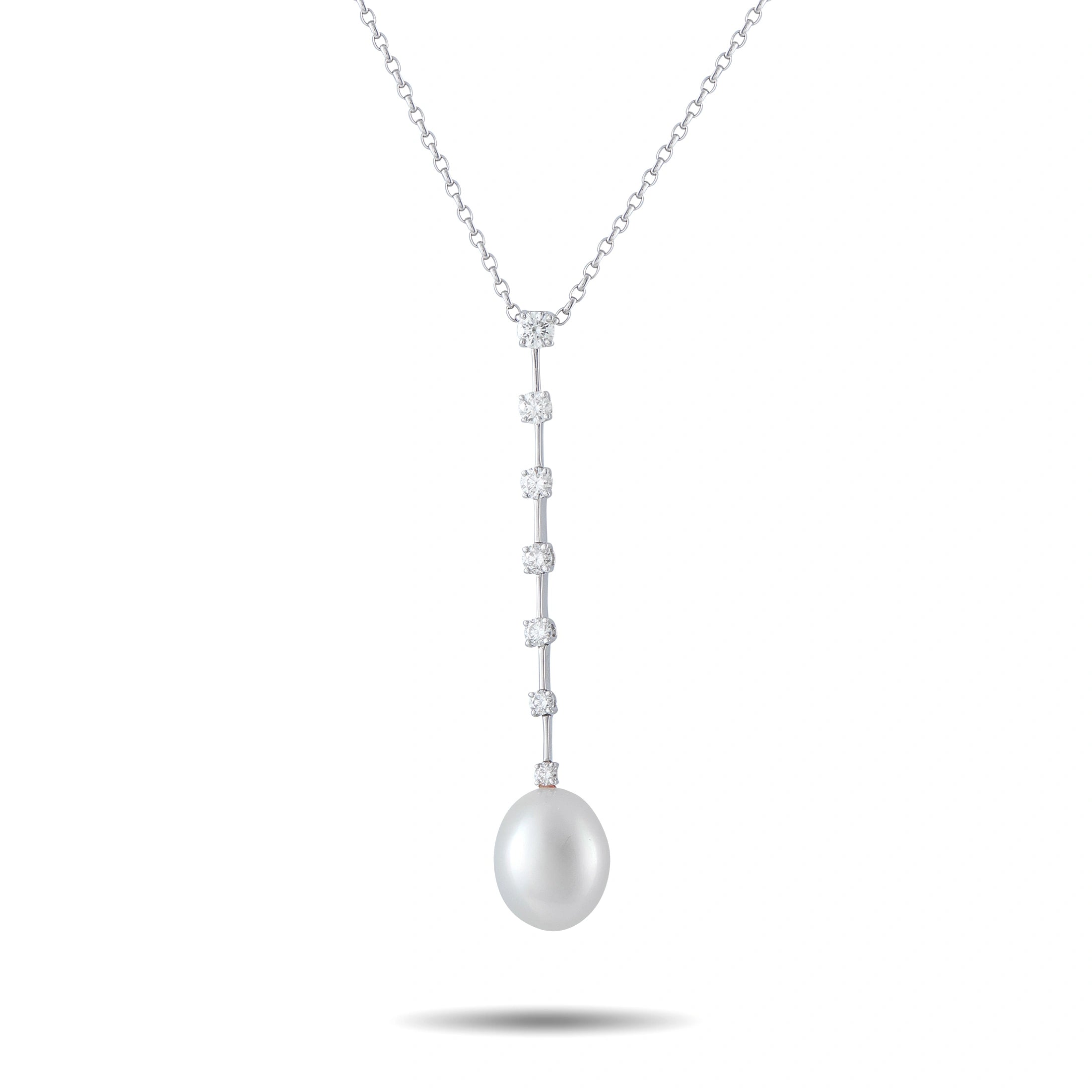 18K white gold diamond and pearl drop necklace with vertical diamond row and pearl