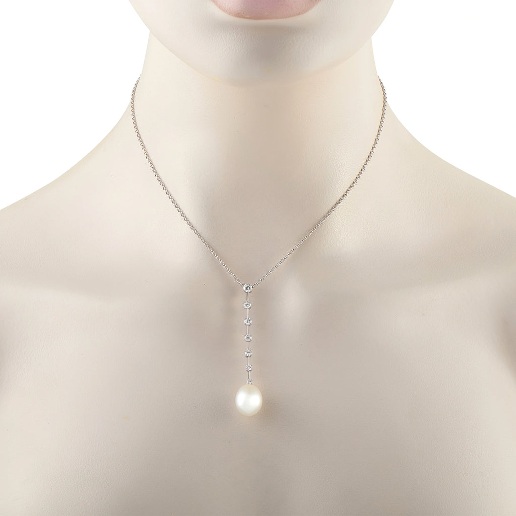 18K white gold diamond drop necklace with fine chain and hanging pearl pendant