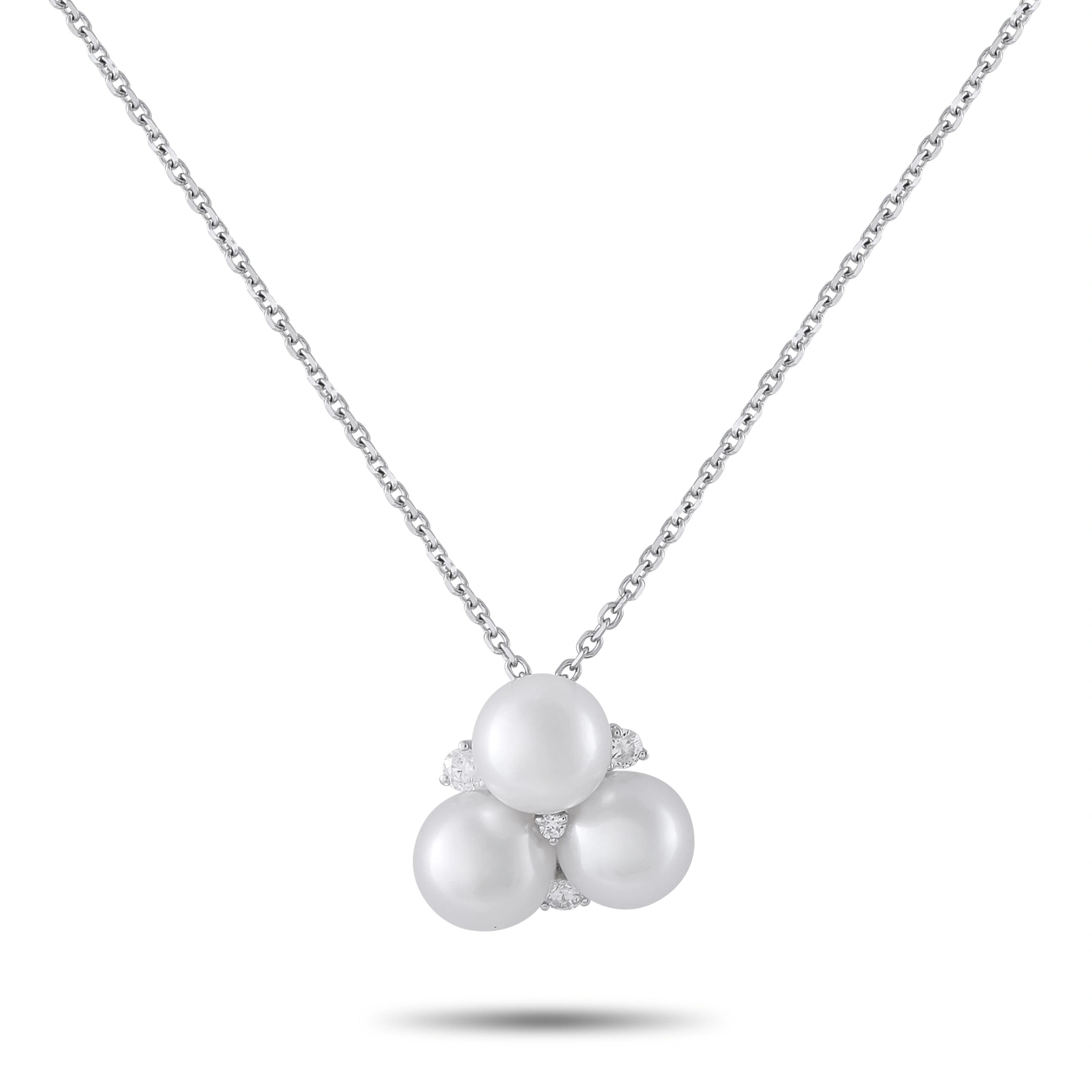 White gold necklace with three white pearl cluster and small diamond accents
