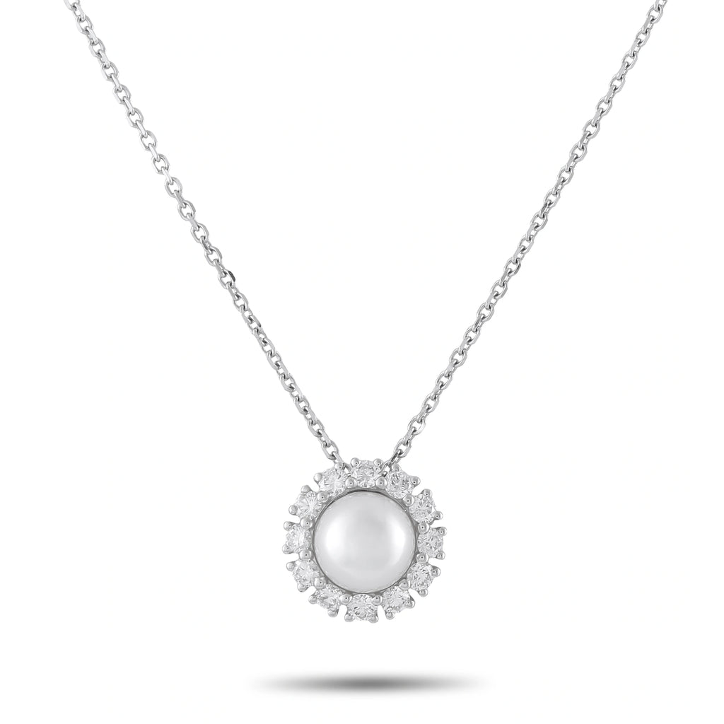 White gold halo necklace with round pearl center and sparkling diamond border
