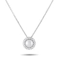 White gold halo necklace with round pearl center and sparkling diamond border