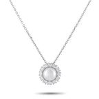 White gold halo necklace with round pearl center and sparkling diamond border