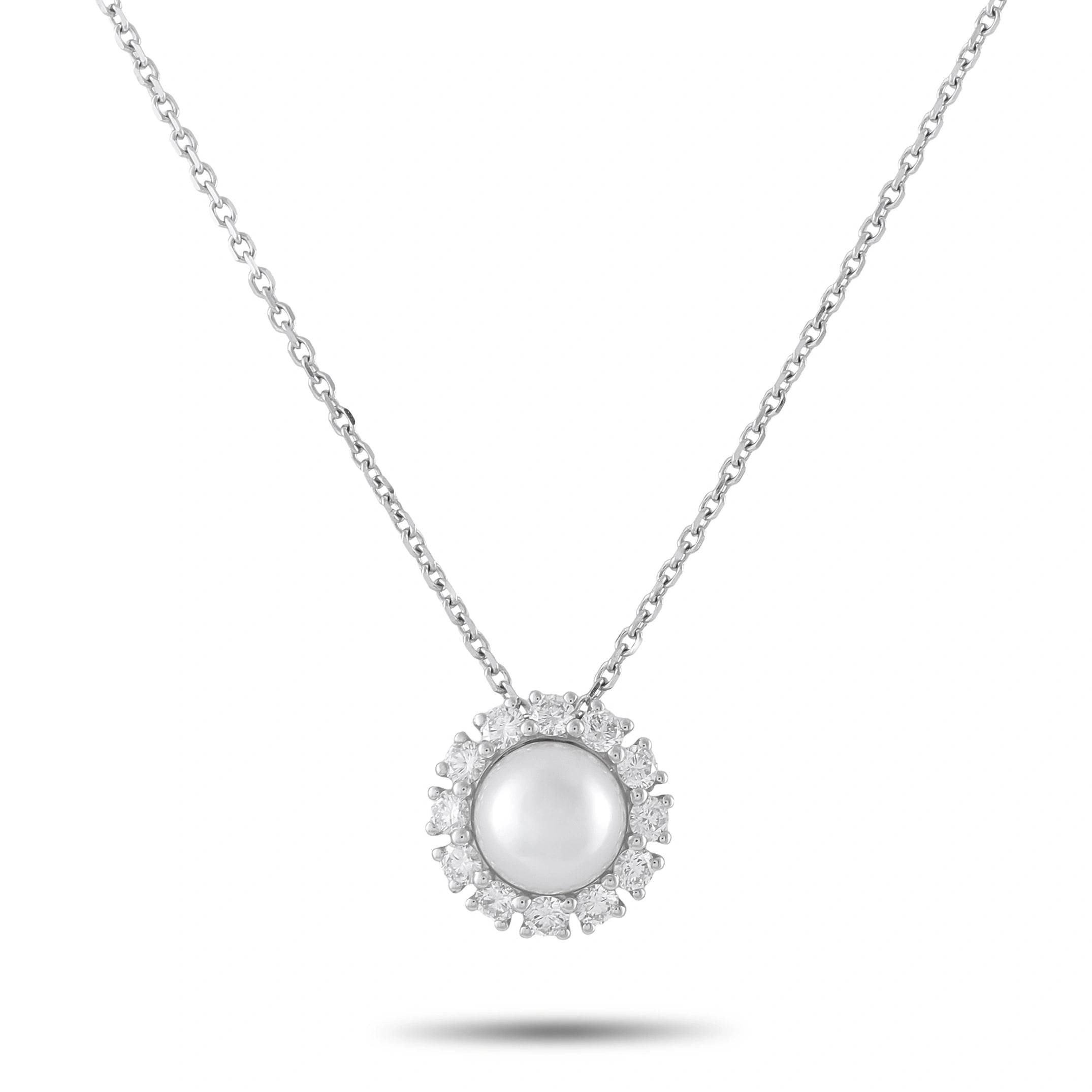 White gold halo necklace with round pearl center and sparkling diamond border