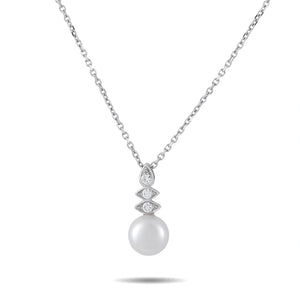 Assael 18K White Gold 0.11ct Diamond and Pearl Drop Necklace
