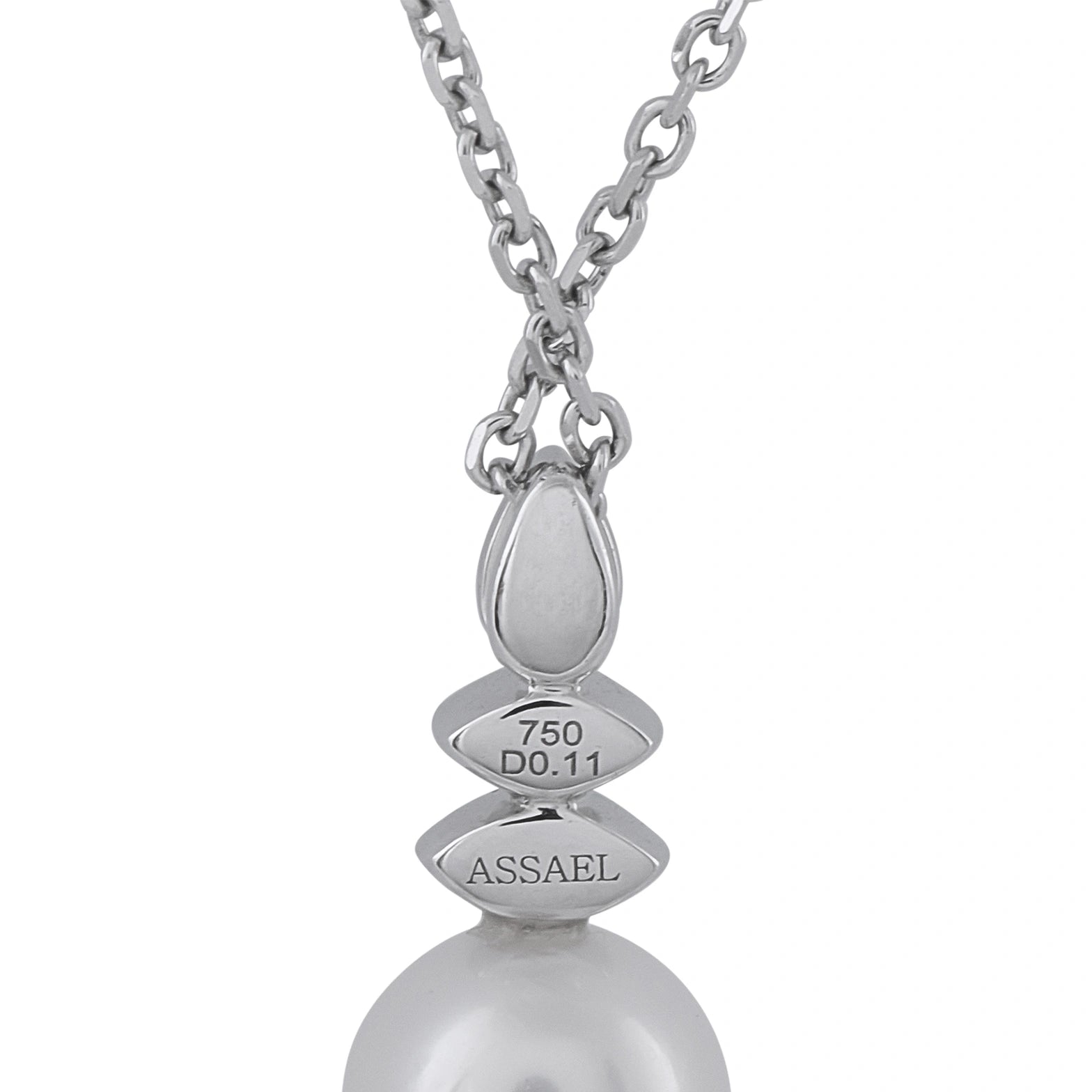 Assael white gold pendant necklace with 750 D0.11 markings and pearl drop