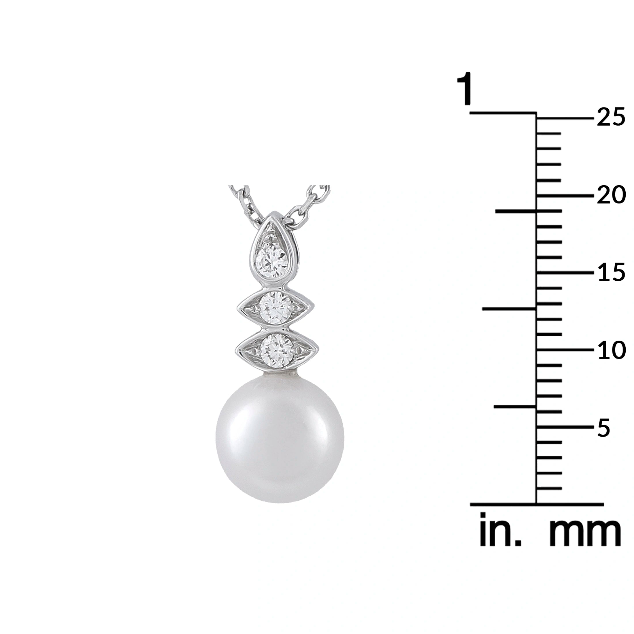 Assael 18K white gold diamond and pearl drop necklace with size shown in mm