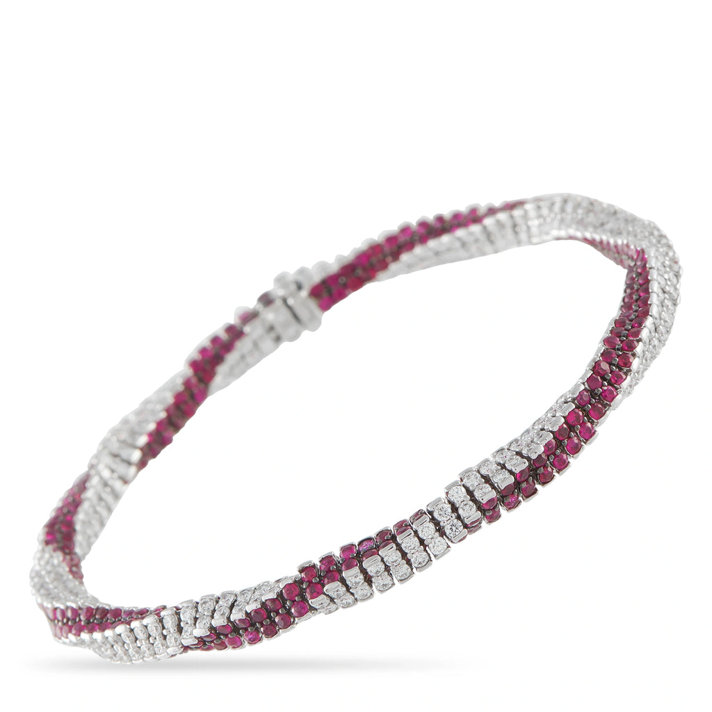 Snake diamond and ruby bracelet in white gold, alternating clear and pink round stones