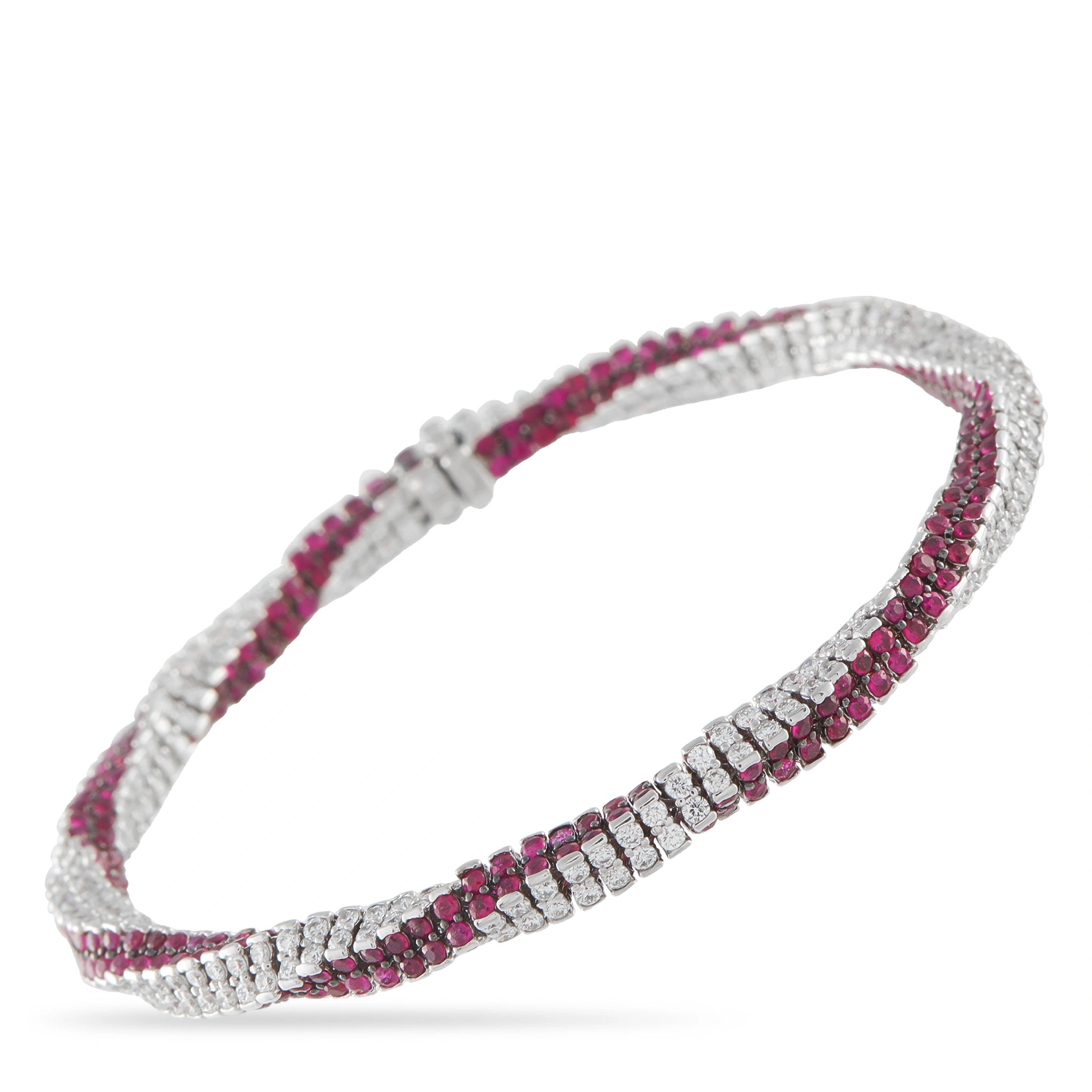 Snake diamond and ruby bracelet in white gold, alternating clear and pink round stones
