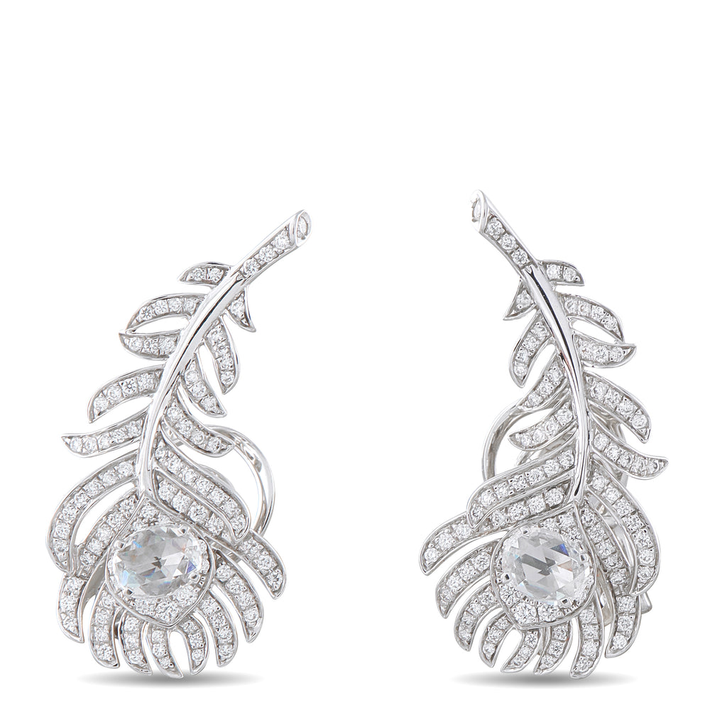 BOUCHERON Plume de Paon 18K White Gold 1.10ct Diamond Earrings