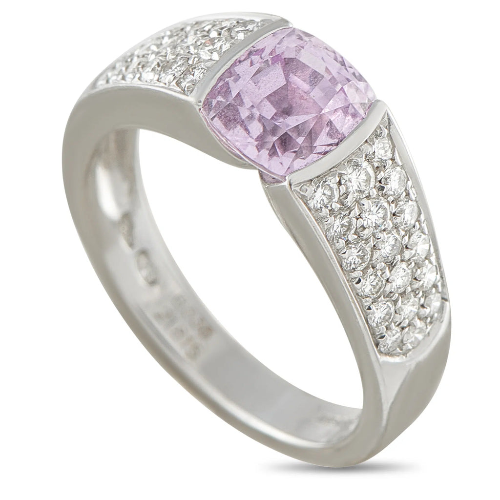 Boucheron 18K white gold ring with pink sapphire center and diamond pave shoulders