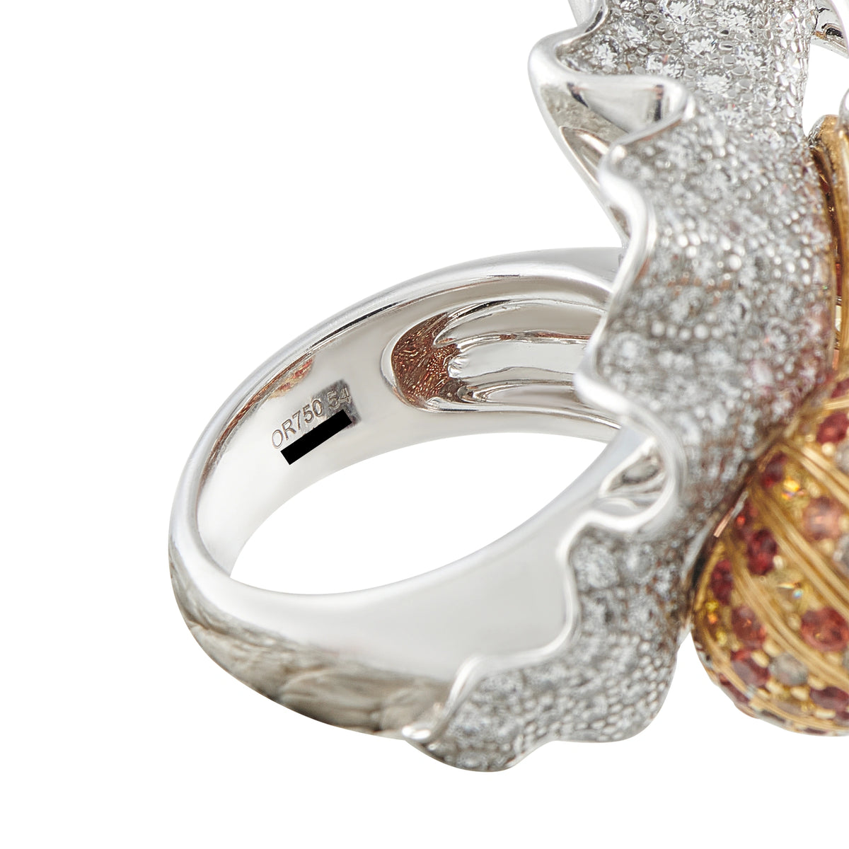 Boucheron 18K white gold ring with diamond-studded snail detail and sapphire accents