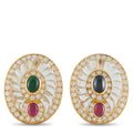 Oval clip earrings in 18K yellow gold with diamond border and green & pink centers