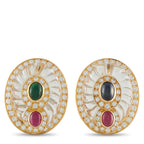 Oval clip earrings in 18K yellow gold with diamond border and green & pink centers