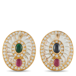 Boucheron 18K Yellow Gold Diamond Crystal Ruby Emerald Oval Clip Earrings