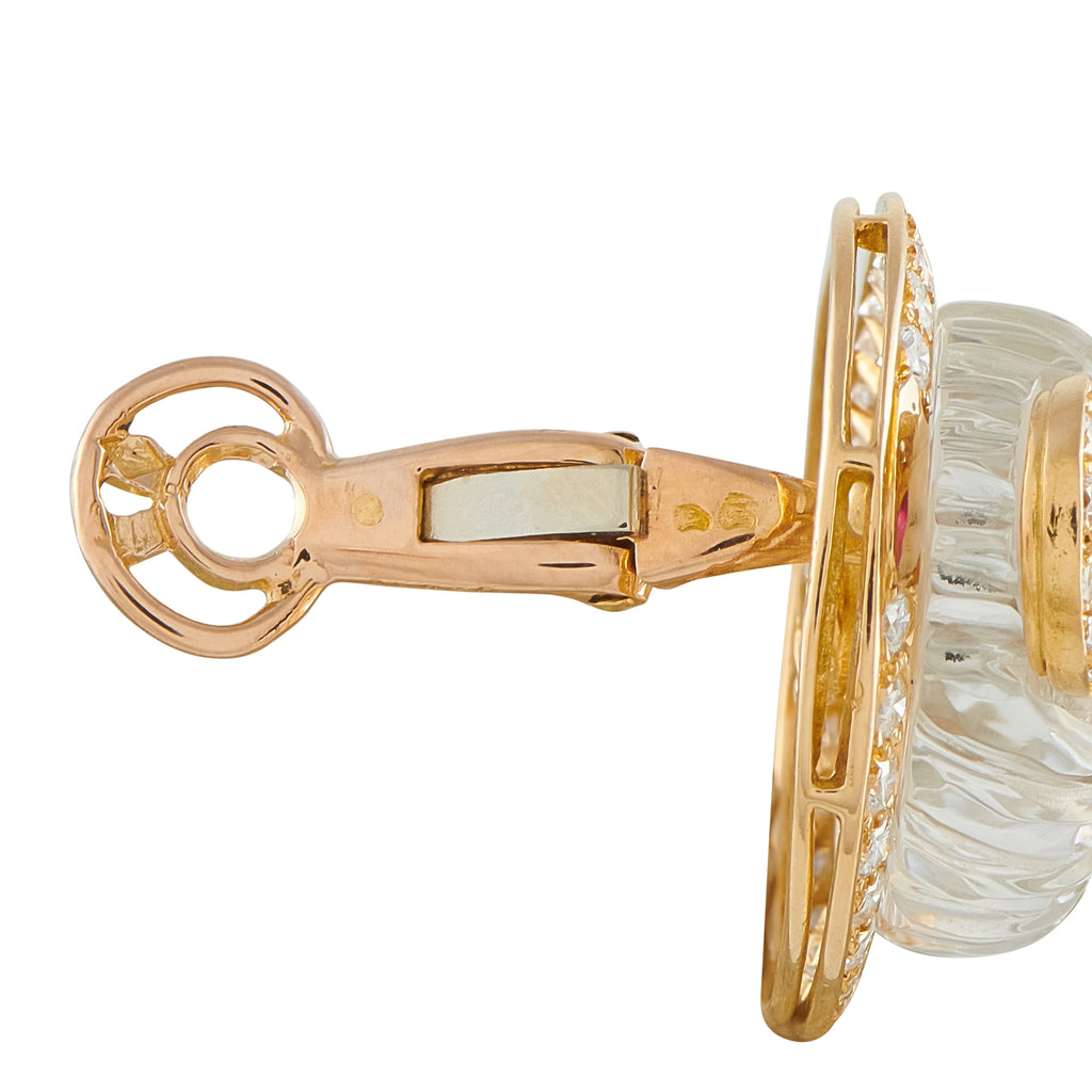 18K yellow gold clip back with hinge and clasp; oval frame with diamond detail