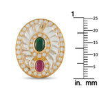 Oval clip earrings with green oval gem, pink oval gem, diamond halo, and size ruler