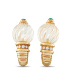 Pair of gold earrings with white swirled crystal drops, green tops, and diamond accents