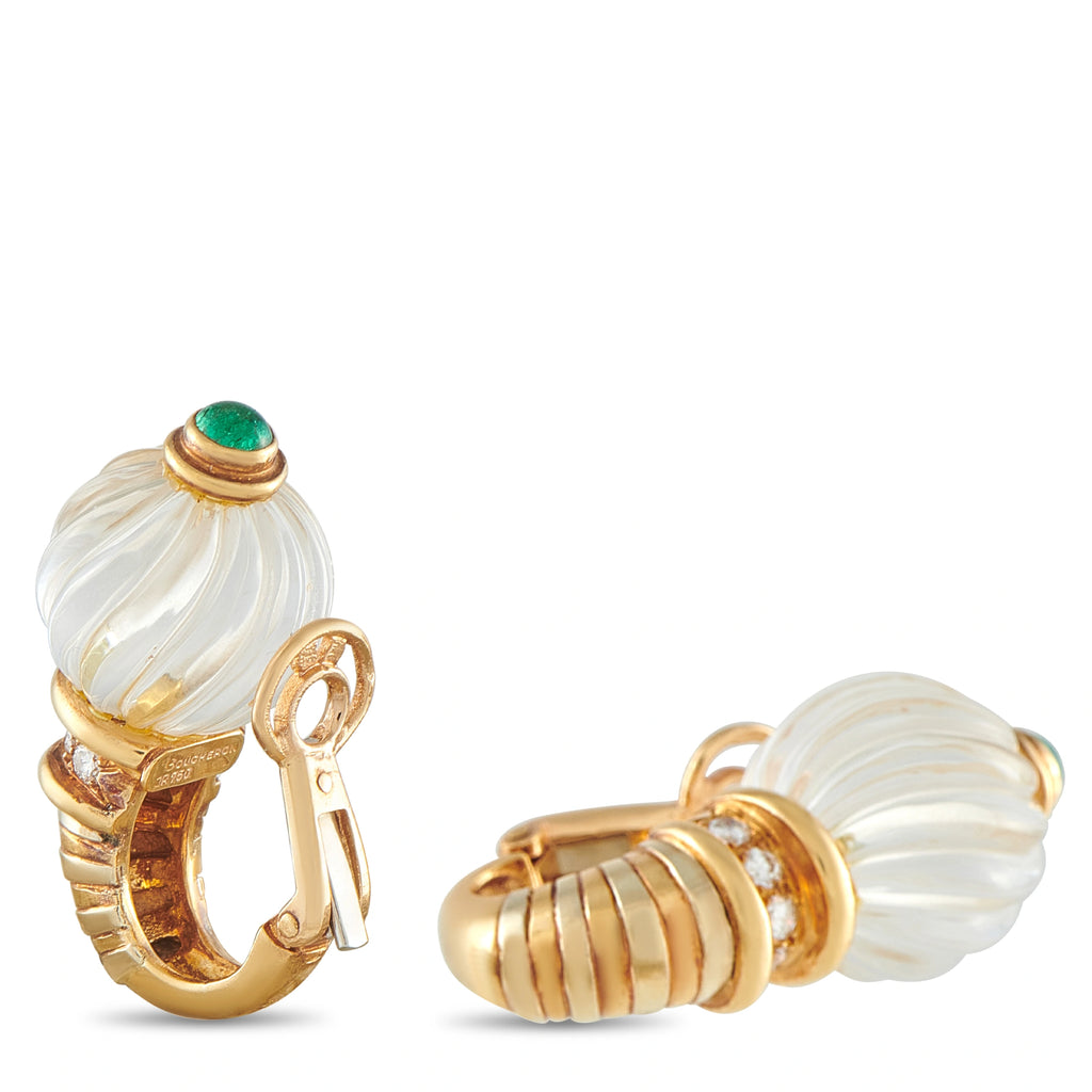 Gold clip-back earrings with white swirled crystal ovals and green enamel caps
