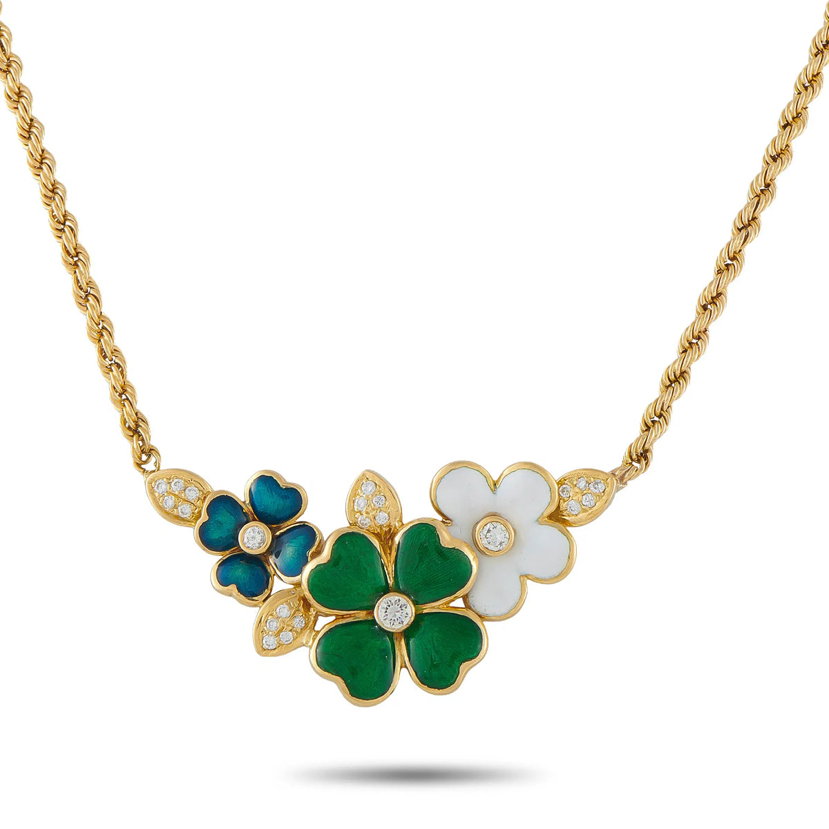 18K yellow gold flower necklace with green and white enamel and diamond accents