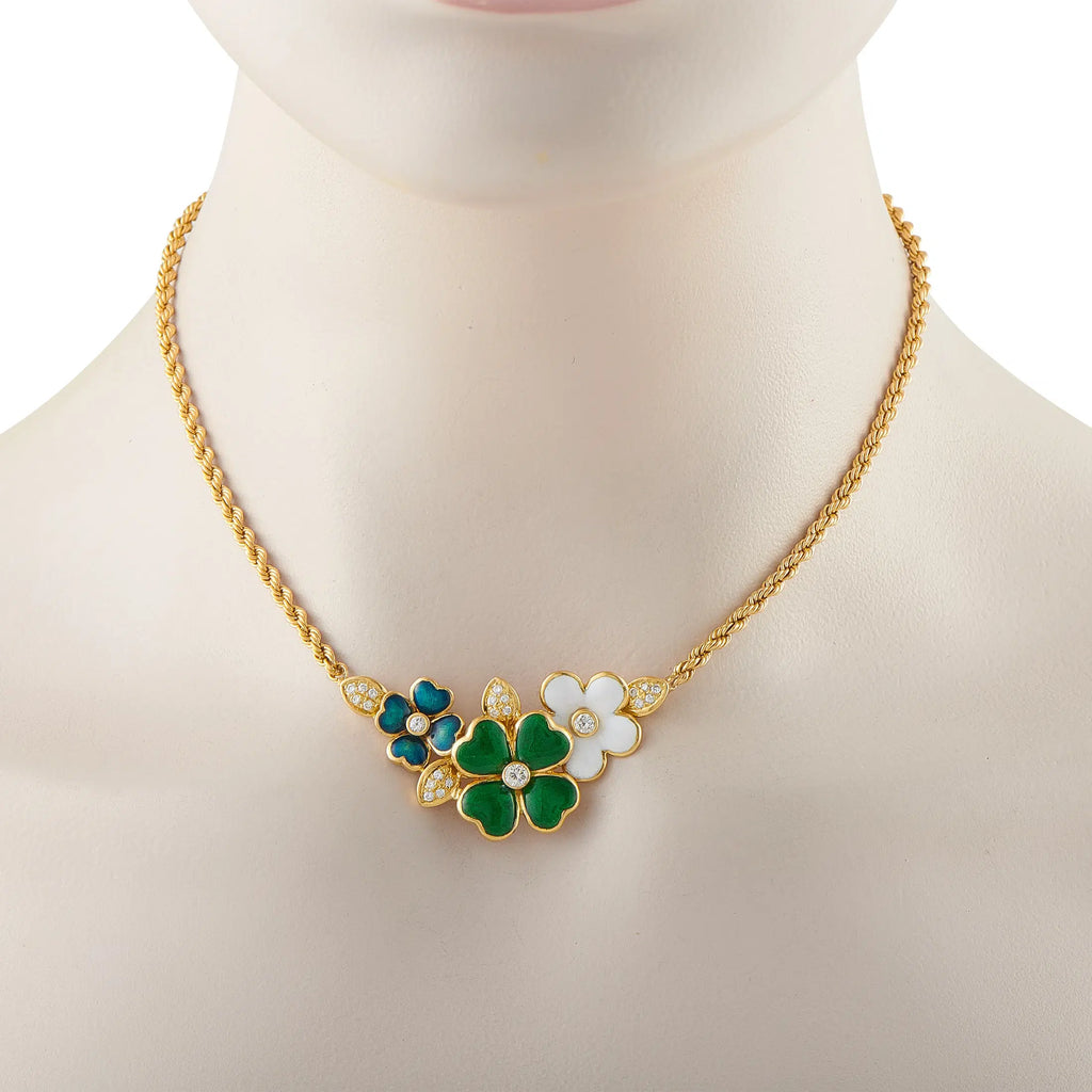 18K yellow gold flower necklace with green, blue, and white enamel floral pendant