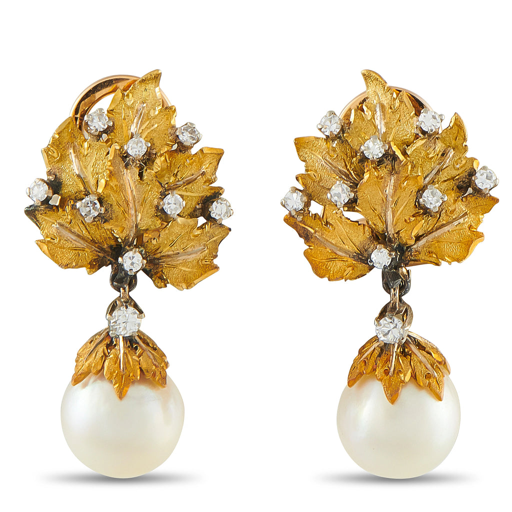Buccellati 18K Yellow Gold Diamond and Pearl Leaf Drop Earrings