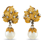 Buccellati 18K Yellow Gold Diamond and Pearl Leaf Drop Earrings