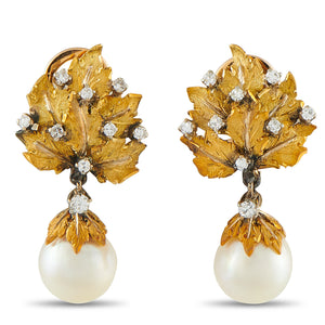 Buccellati 18K Yellow Gold Diamond and Pearl Leaf Drop Earrings