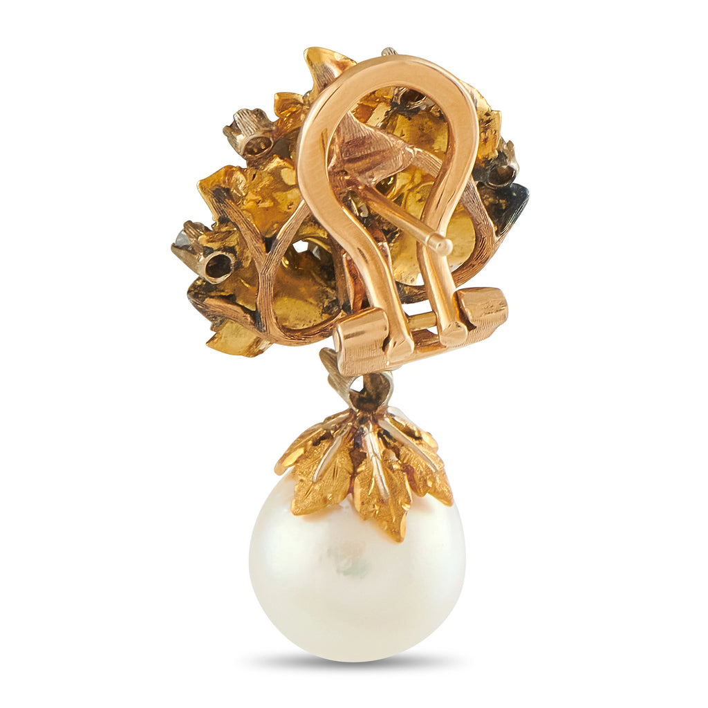 Buccellati 18K Yellow Gold Diamond and Pearl Leaf Drop Earrings