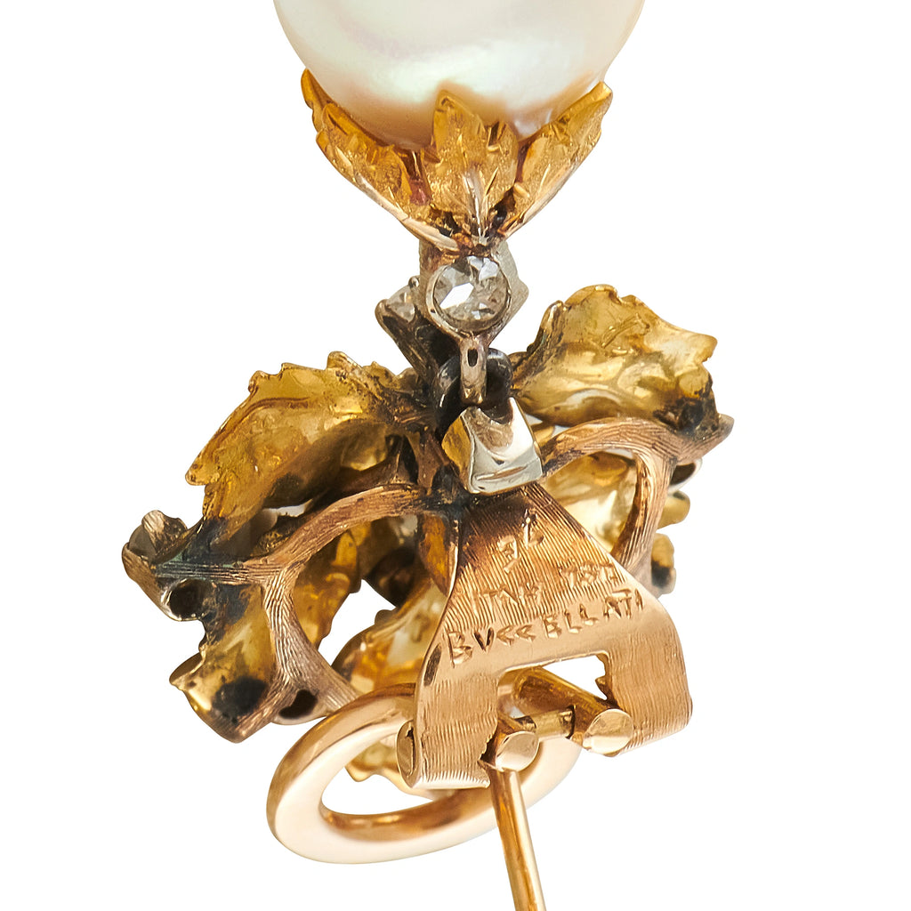 Buccellati 18K Yellow Gold Diamond and Pearl Leaf Drop Earrings