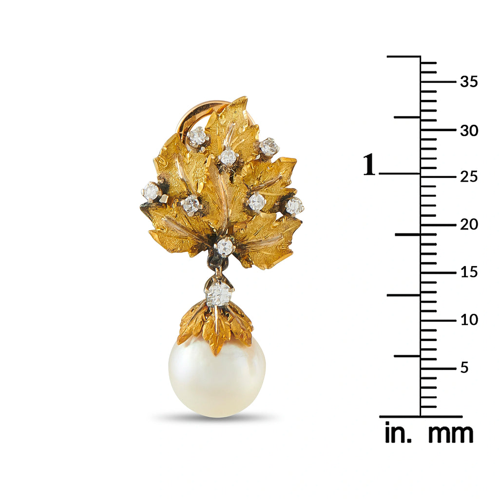 Buccellati 18K Yellow Gold Diamond and Pearl Leaf Drop Earrings