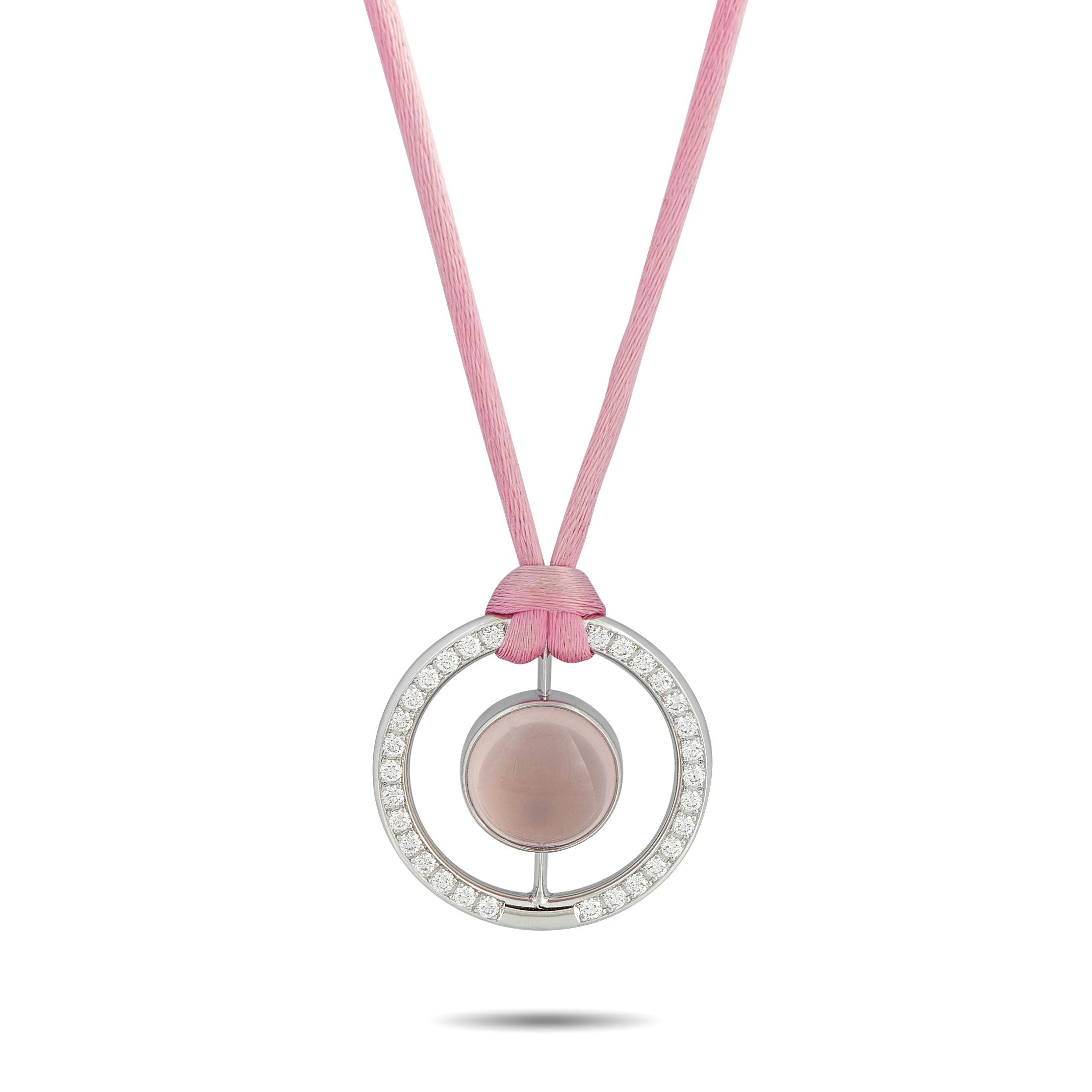 Bucherer 18K White Gold 1.11ct Diamond and Rose Quartz Cord Necklace - This Bucherer necklace is simply unforgettable. Perfect for anyone who loves the color pink, a stunning Rose Quartz gemstone