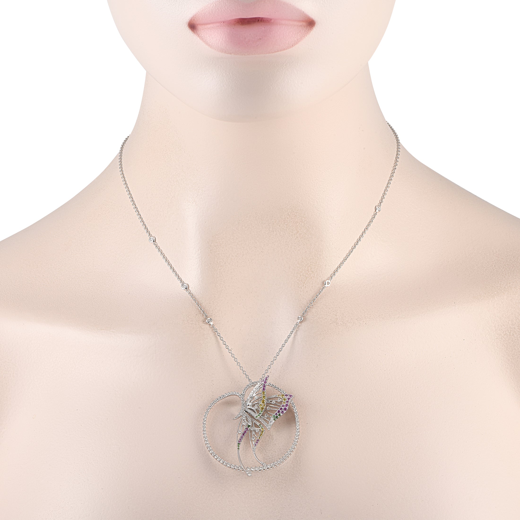 Bucherer 18K White Gold 2.20ct Diamond, Sapphire and Tsavorite Butterfly Necklace