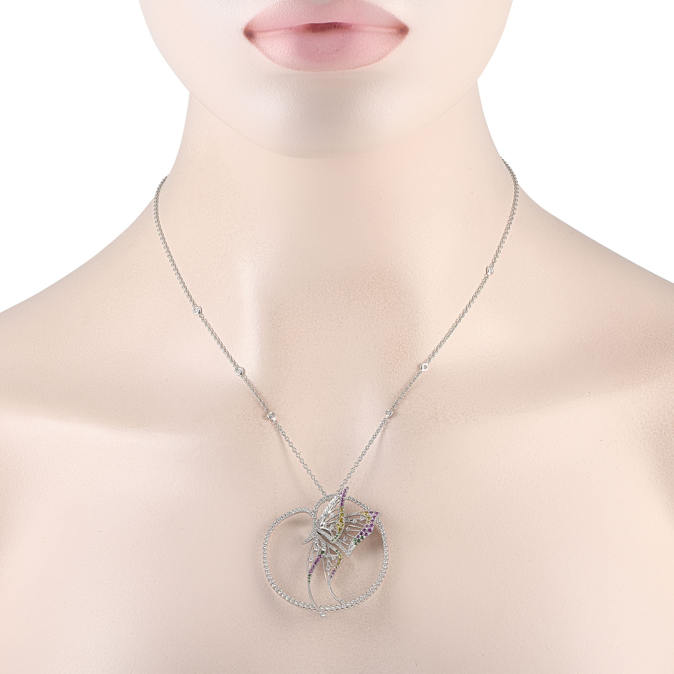 Bucherer18K White Gold 2.20ct Diamond, Sapphire and Tsavorite Butterfly Necklace