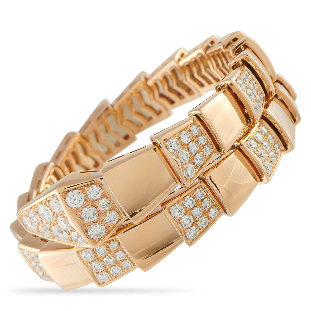 BvlgariSerpenti Scaglie 18K Rose Gold Diamond Bracelet - In this Bvlgari Serpenti Scaglie bracelet, sculpted rose gold scales coil around the wrist, alternating between pavé-set and