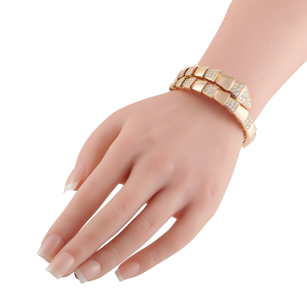 Bvlgari Serpenti 18K rose gold diamond bracelet on wrist