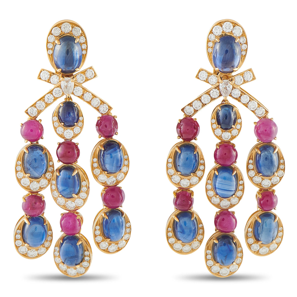Bvlgari rose gold chandelier earrings with oval blue stones, pink accents, and diamond halos