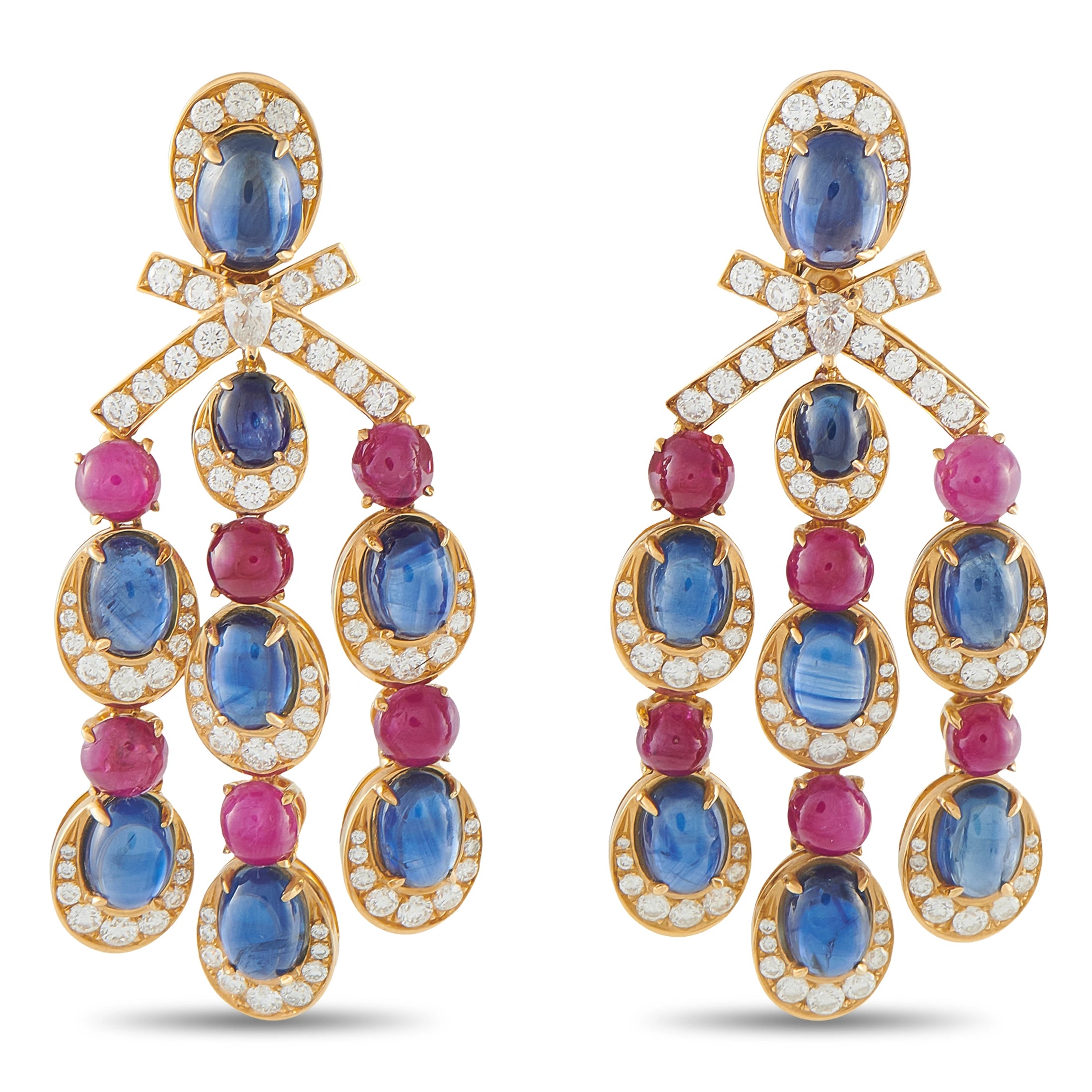 Bvlgari rose gold chandelier earrings with oval blue stones, pink accents, and diamond halos