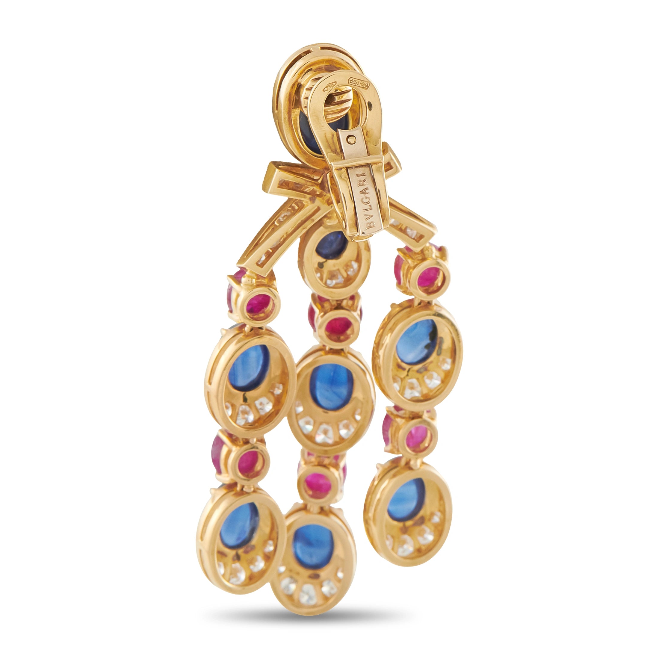 Bvlgari rose gold chandelier earrings, side view with blue ovals, pink beads, and diamond trim