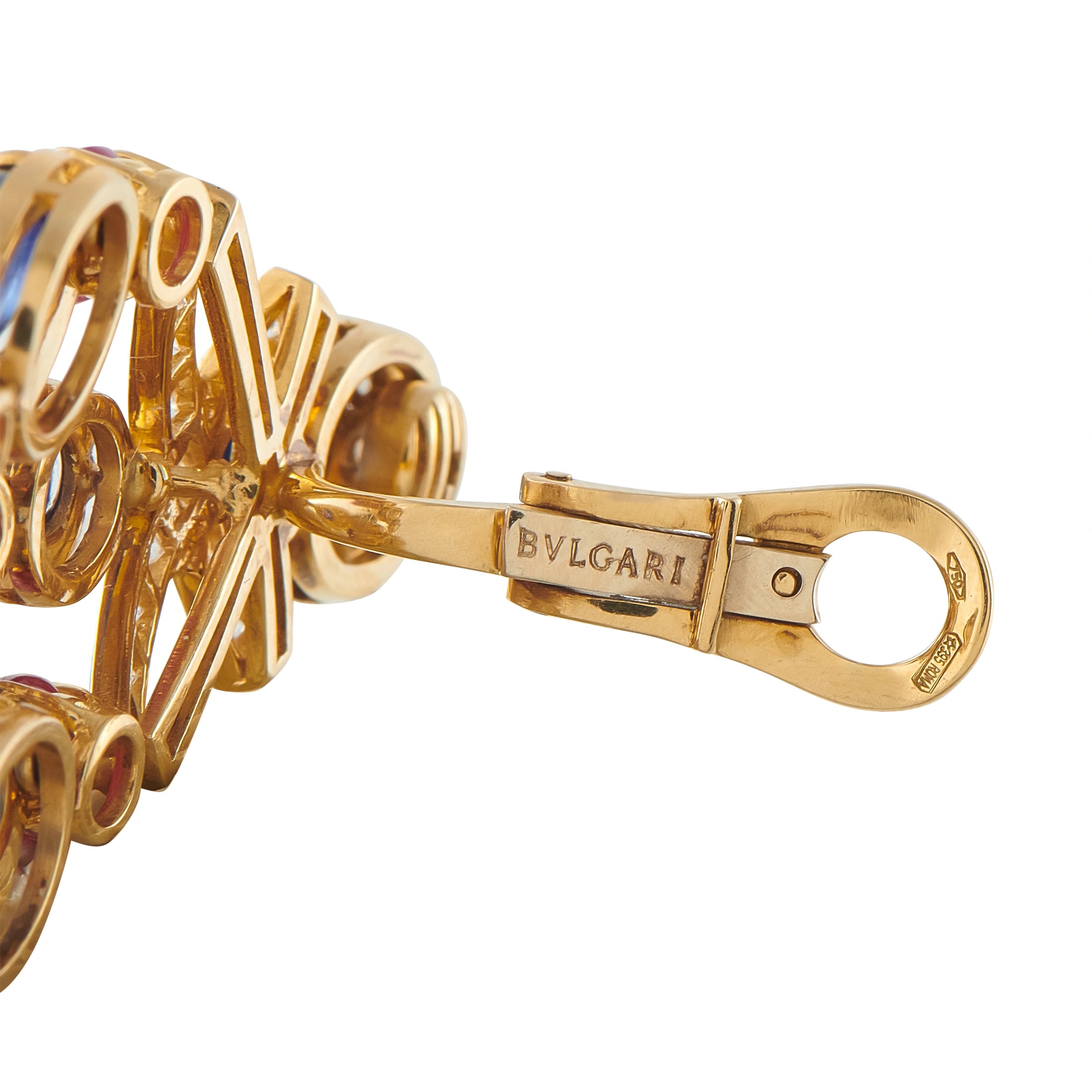 Bvlgari rose gold earrings with oval blue stones; close-up of lever clasp