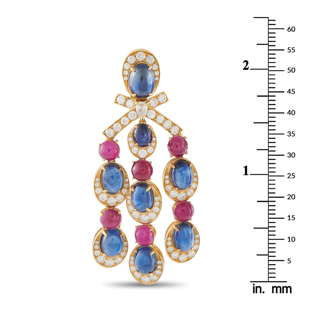 Bvlgari rose gold chandelier earrings with blue oval stones, pink drops, and diamond accents