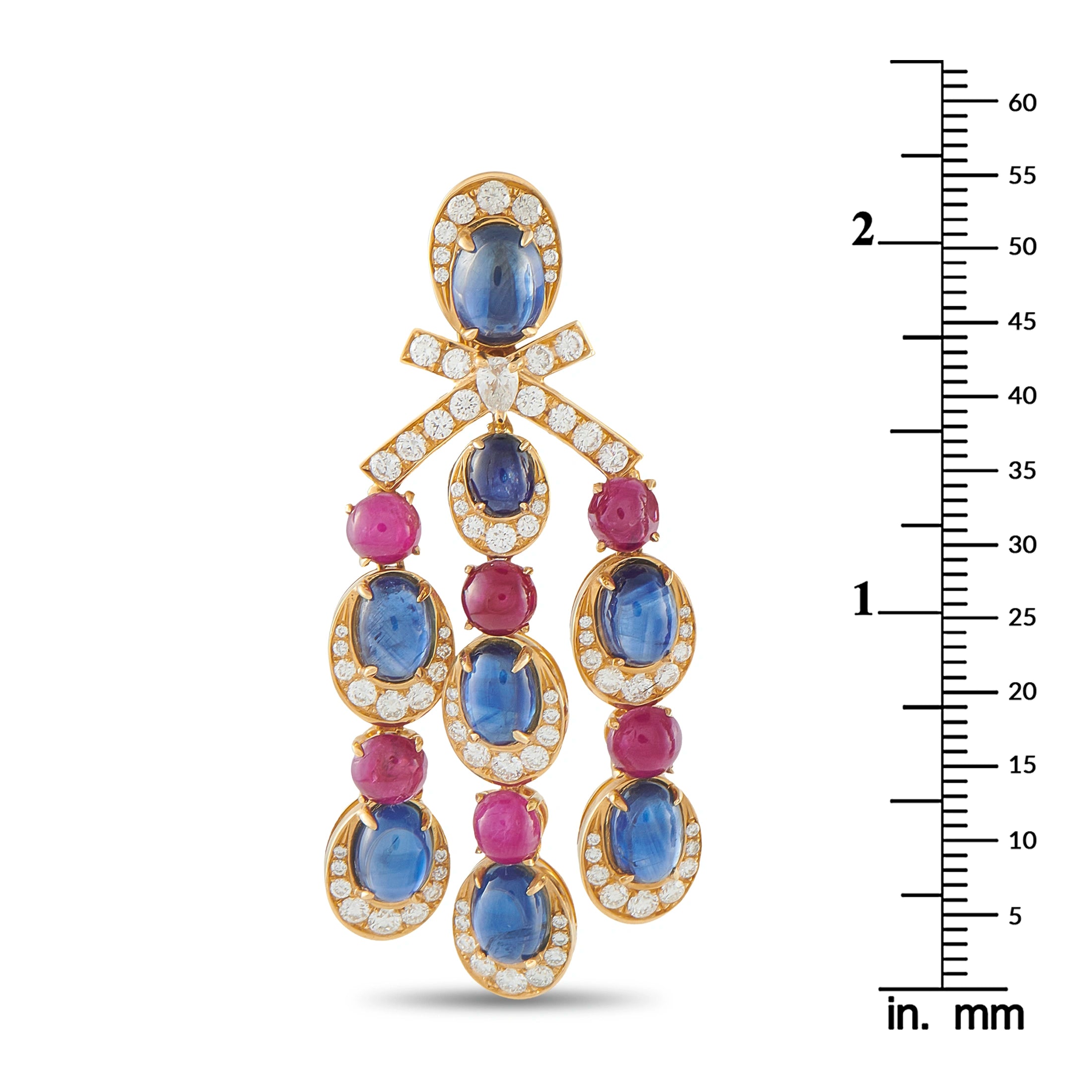 Bvlgari rose gold chandelier earrings with blue oval stones, pink drops, and diamond accents