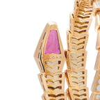 Rose gold tourmaline bracelet with pink gemstone bezel and engraved Bvlgari
