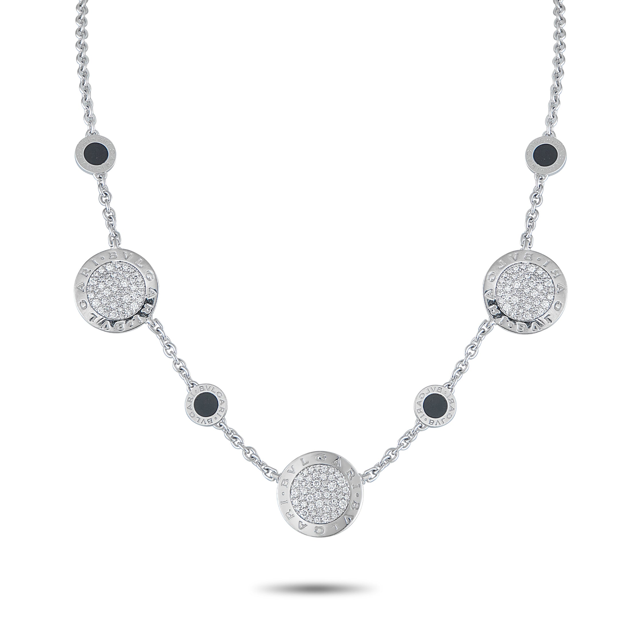 Bvlgari18K White Gold 1.50ct Diamond and Onyx Necklace – Displaying a clean progression of shine and shadow, this Bvlgari nec