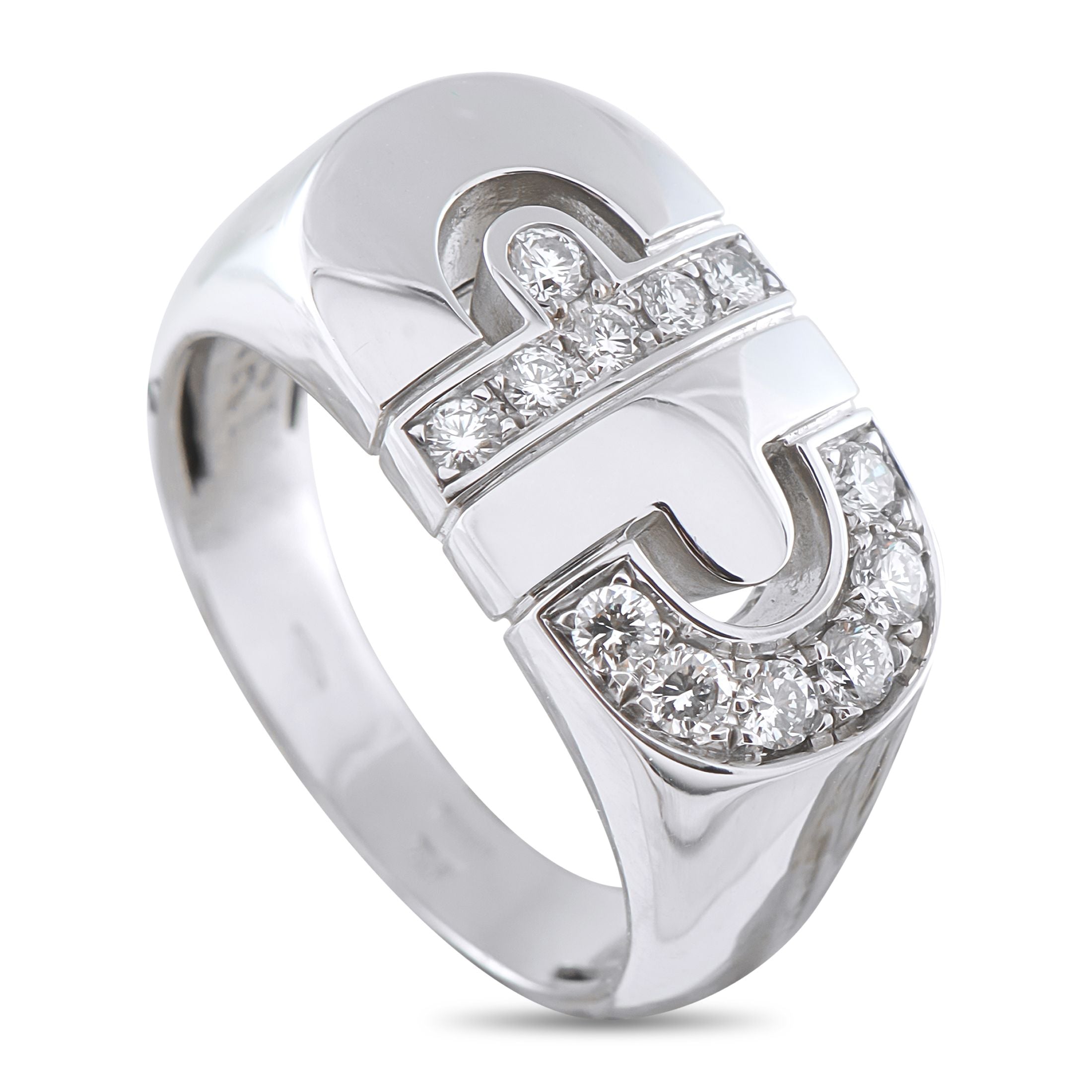 Bvlgari Parentesi 18K White Gold Diamond Ring - Bold and tactile, this 18K white gold Parentesi ring by Bvlgari features a chunky top designed with the iconic interlocking m