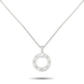 White gold circular diamond pendant with open ring design and logo engravings