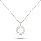 White gold circular diamond pendant with open ring design and logo engravings