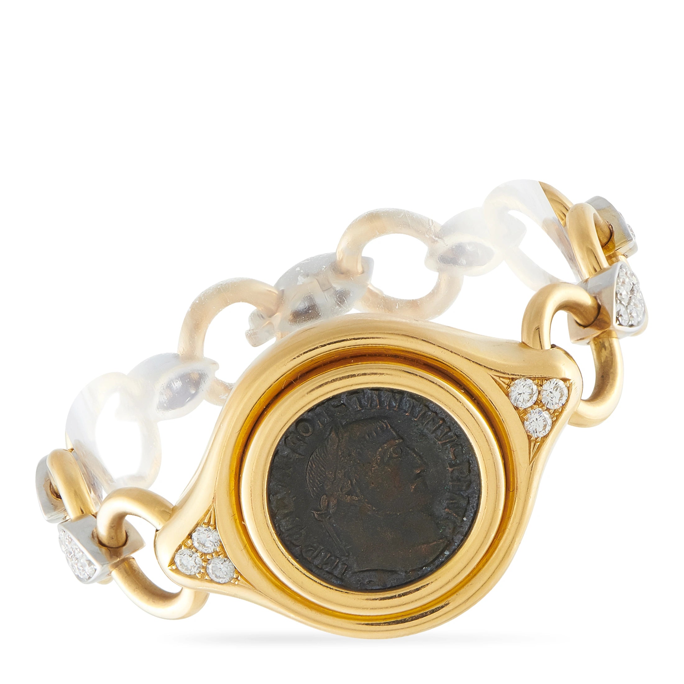 Yellow gold coin bracelet with black ancient-style center and small diamond accents