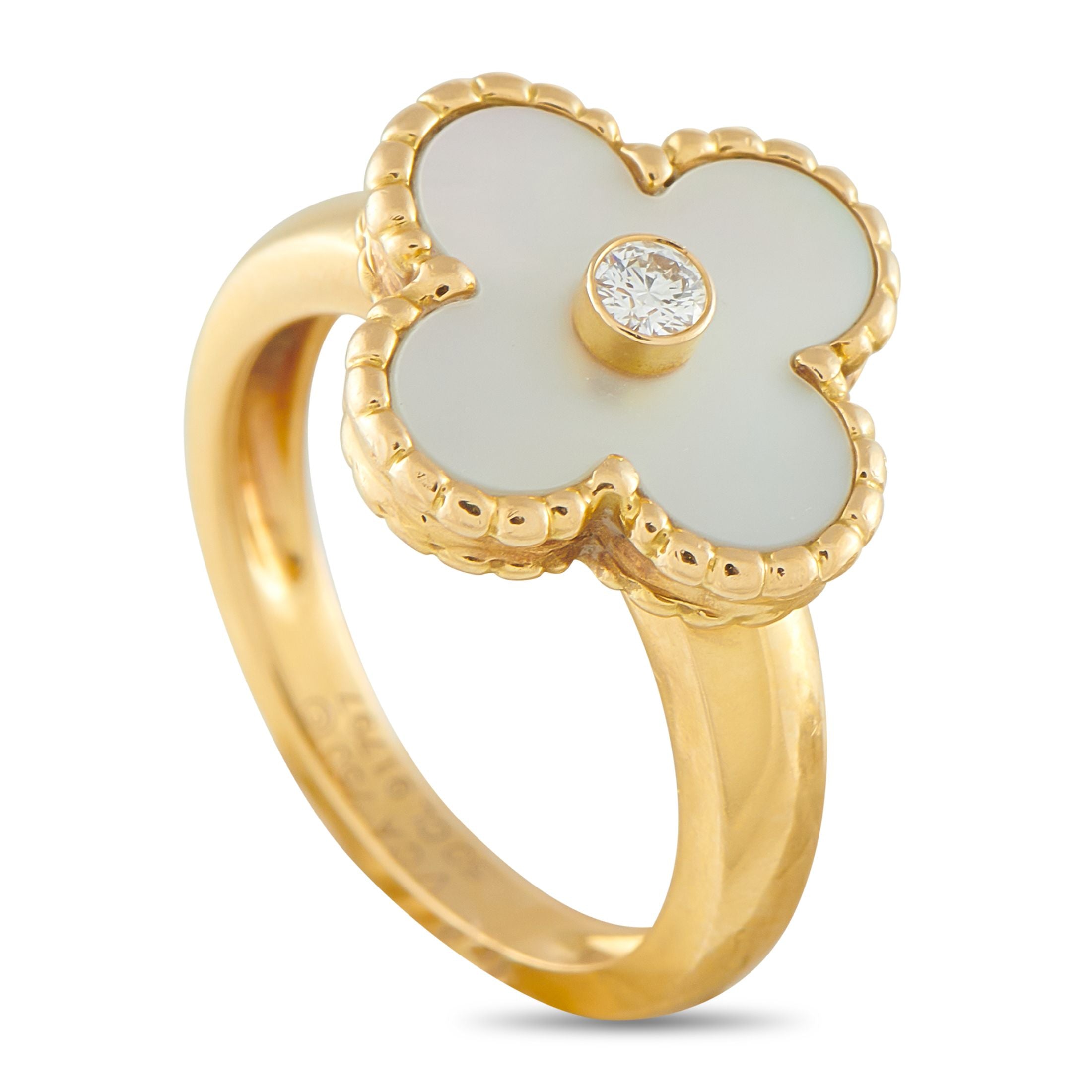 Van Cleef & Arpels Van Cleef & Arpels Vintage Alhambra 18K Yellow Gold Diamond and Mother of Pearl Ring - From the beloved Vintage Alhambra collection, this dainty ring features a single clover motif framed in 18K yellow gold and s