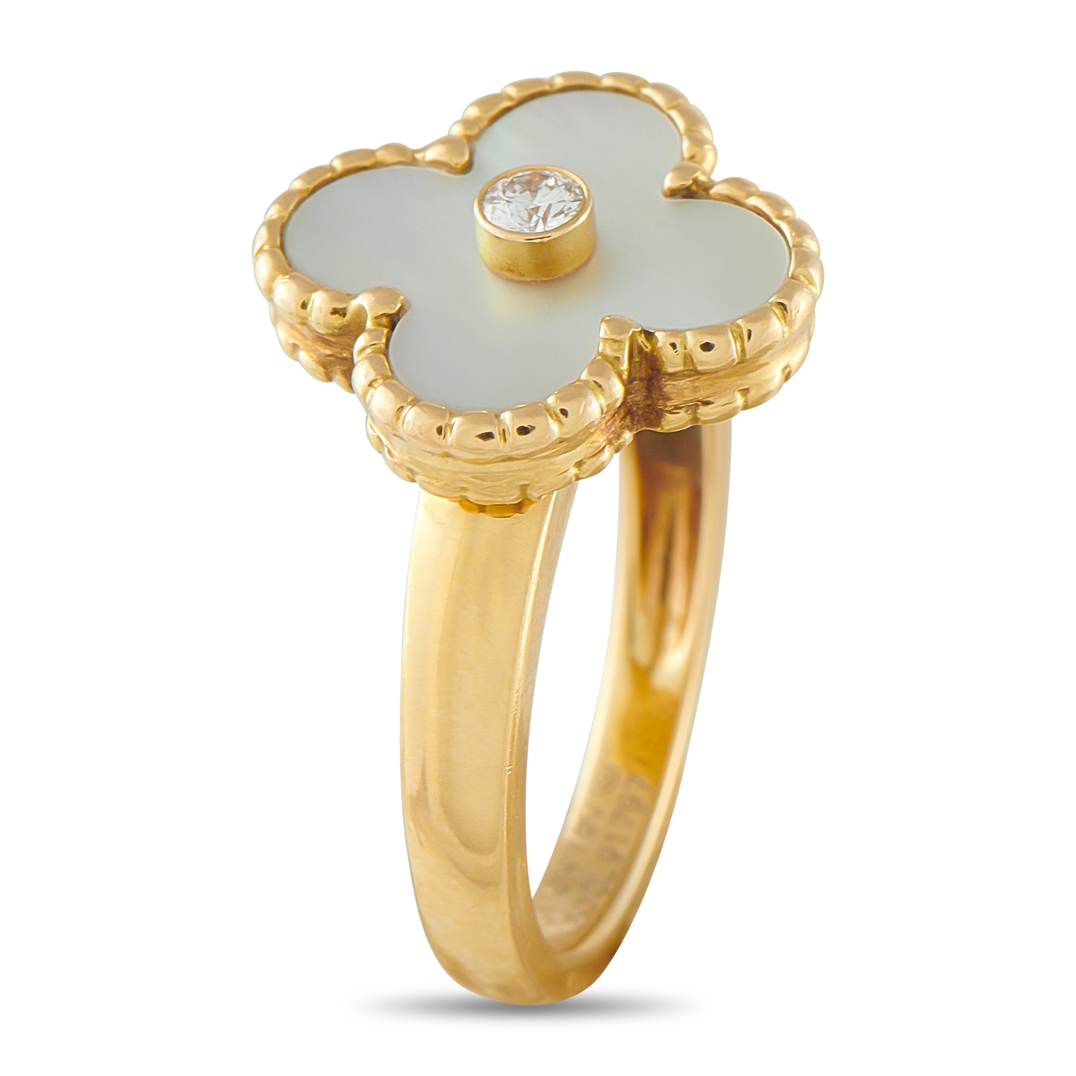 Van Cleef & Arpels Vintage Alhambra 18K Yellow Gold Diamond and Mother of Pearl Ring